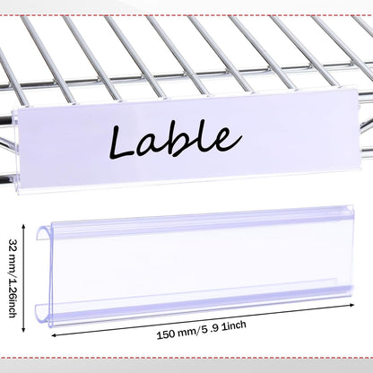 100pcs Wire Shelf Label Holders with 100pcs Paper Inserts 6in Lx1.25in H Plastic Wire Rack Label Holder Shelf Tags Clear Plastic Basket Display Clips Removable Compatible with 1-1/4in Shelves