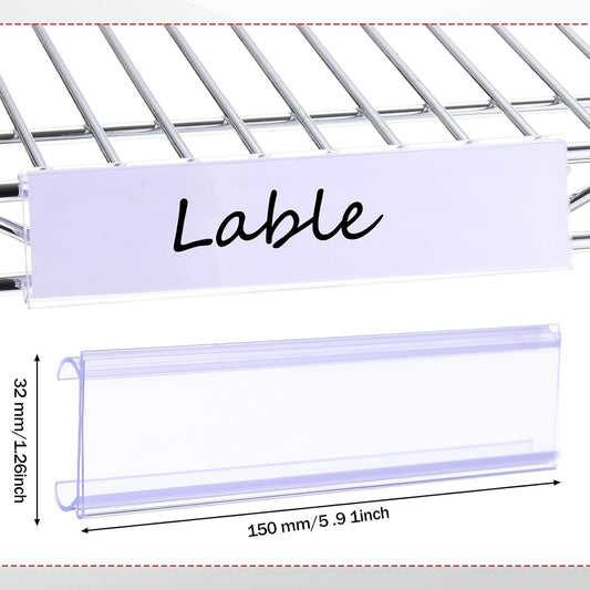 100pcs Wire Shelf Label Holders with 100pcs Paper Inserts 6in Lx1.25in H Plastic Wire Rack Label Holder Shelf Tags Clear Plastic Basket Display Clips Removable Compatible with 1-1/4in Shelves