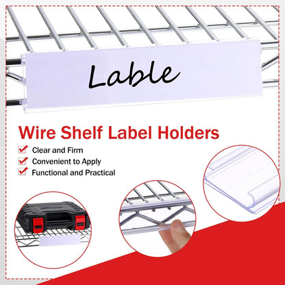 100pcs Wire Shelf Label Holders with 100pcs Paper Inserts 6in Lx1.25in H Plastic Wire Rack Label Holder Shelf Tags Clear Plastic Basket Display Clips Removable Compatible with 1-1/4in Shelves
