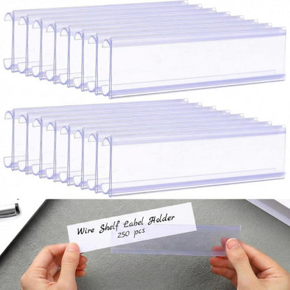 100pcs Wire Shelf Label Holders with 100pcs Paper Inserts 6in Lx1.25in H Plastic Wire Rack Label Holder Shelf Tags Clear Plastic Basket Display Clips Removable Compatible with 1-1/4in Shelves