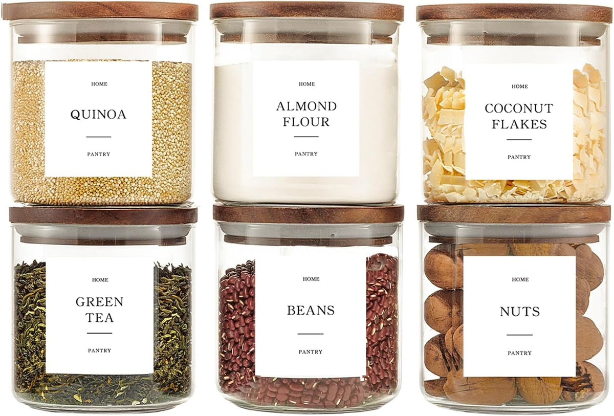 Glass Rice Containers with Acacia Wood Lids, 70oz Airtight Flour and Sugar Jars with 105 Labels, Large Glass Pantry Storage Jars for Cereal, Protein Powder, Cookies, Dry Food