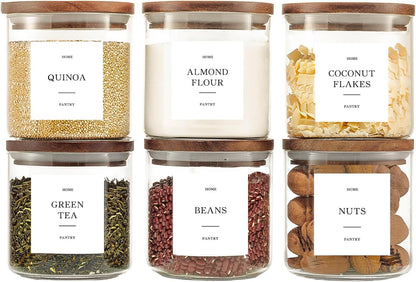 Glass Rice Containers with Acacia Wood Lids, 70oz Airtight Flour and Sugar Jars with 105 Labels, Large Glass Pantry Storage Jars for Cereal, Protein Powder, Cookies, Dry Food