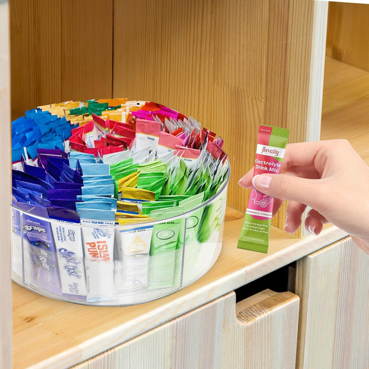 Drink Packet Organizer For Powdered Drink Mix,Powder Packet,Water Packet,Water Flavor Packet,Lazy Susan Organizer Rotating Holder for Drink Mix Necessities（Square）