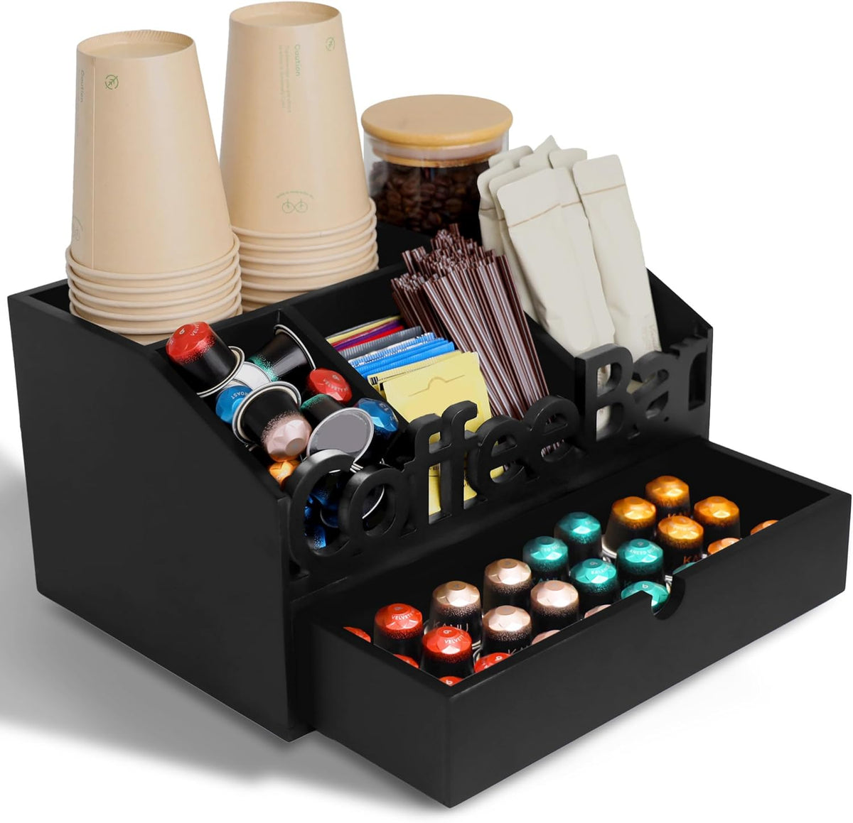 Coffee Bar Organizer for Countertop – Wooden Coffee Caddy with Compartments for Pods, Sugar Packets, and Accessories – Coffee Condiment Station Storage for Home and Office (Black)