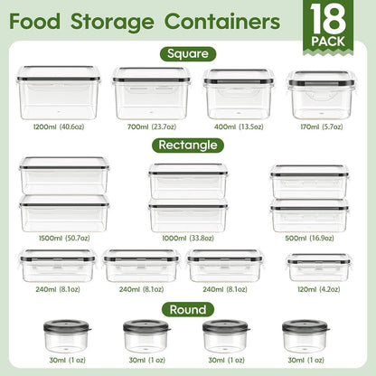 KEMETHY Food Storage Containers with Lids(18 Container & 18 Lid), Plastic Food Containers for Pantry & Kitchen Storage and Organization, BPA-Free, Leak Proof, Reusable with Labels & Pen