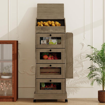 ARTETHYS Potato and Onion Storage Bin for Pantry 5-Tier Rolling Fruit and Vegetable Organizer with Spice Rack on Wheels Movable Large Bread Box Cabinet with 4 Ventilated Drawers for Kitchen, Rustic