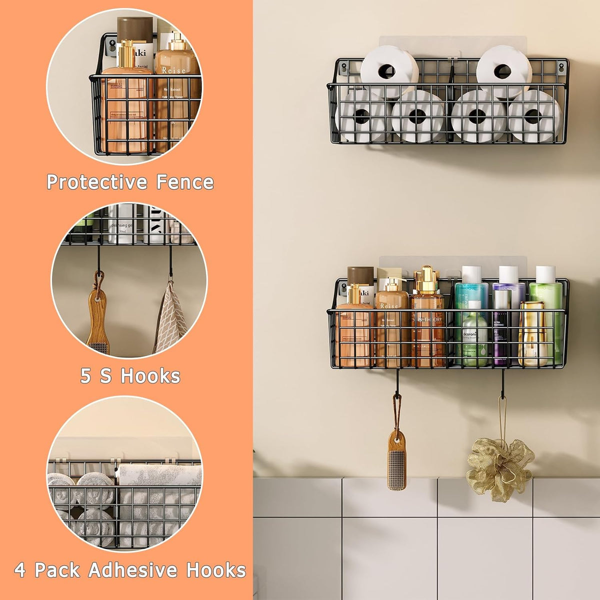 Sonyabecca 6 Pack Hanging Wall Basket for Organizing, Large Wire Basket for Storage Pantry with 5 S Hook+6 Adhesive Hook, Wall Mounted Shelf for Kitchen Bathroom
