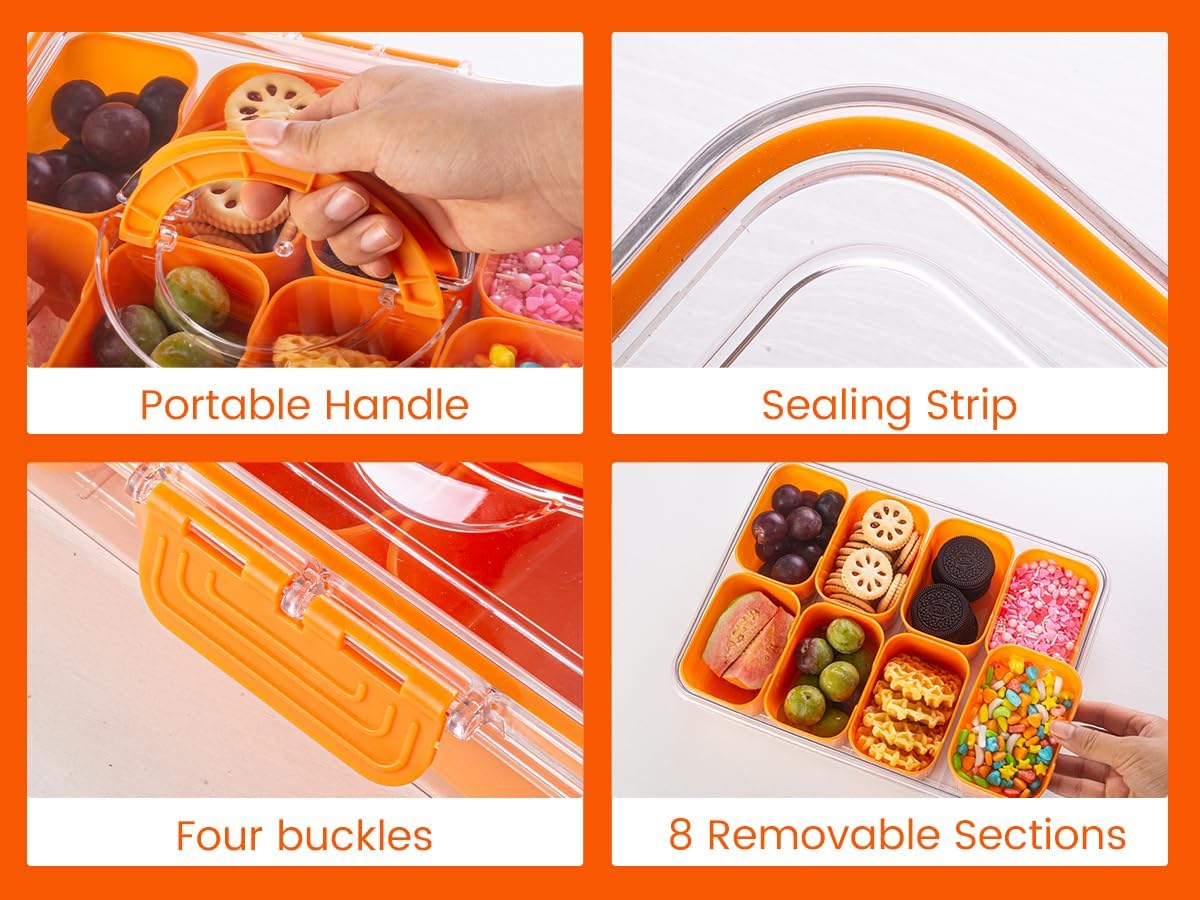Dingerjar Divided Serving Tray with Lid and Handle - Snackle Box Charcuterie Container for Portable Snack Platters - Clear Organizer for Candy, Fruits, Nuts, Snacks - Perfect for Party, Entertaining