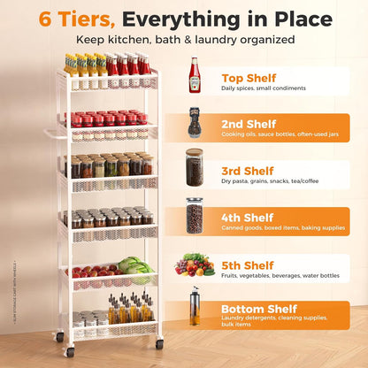 5 Tier Kitchen Storage Cart with Wheels, Utility Fruit Vegetable Storage Rack Stand with Pull-Out Baskets & Wood Top, Metal 4-Drawers Rolling Snack Cart, Kitchen Cart for Potato Onion(Black)