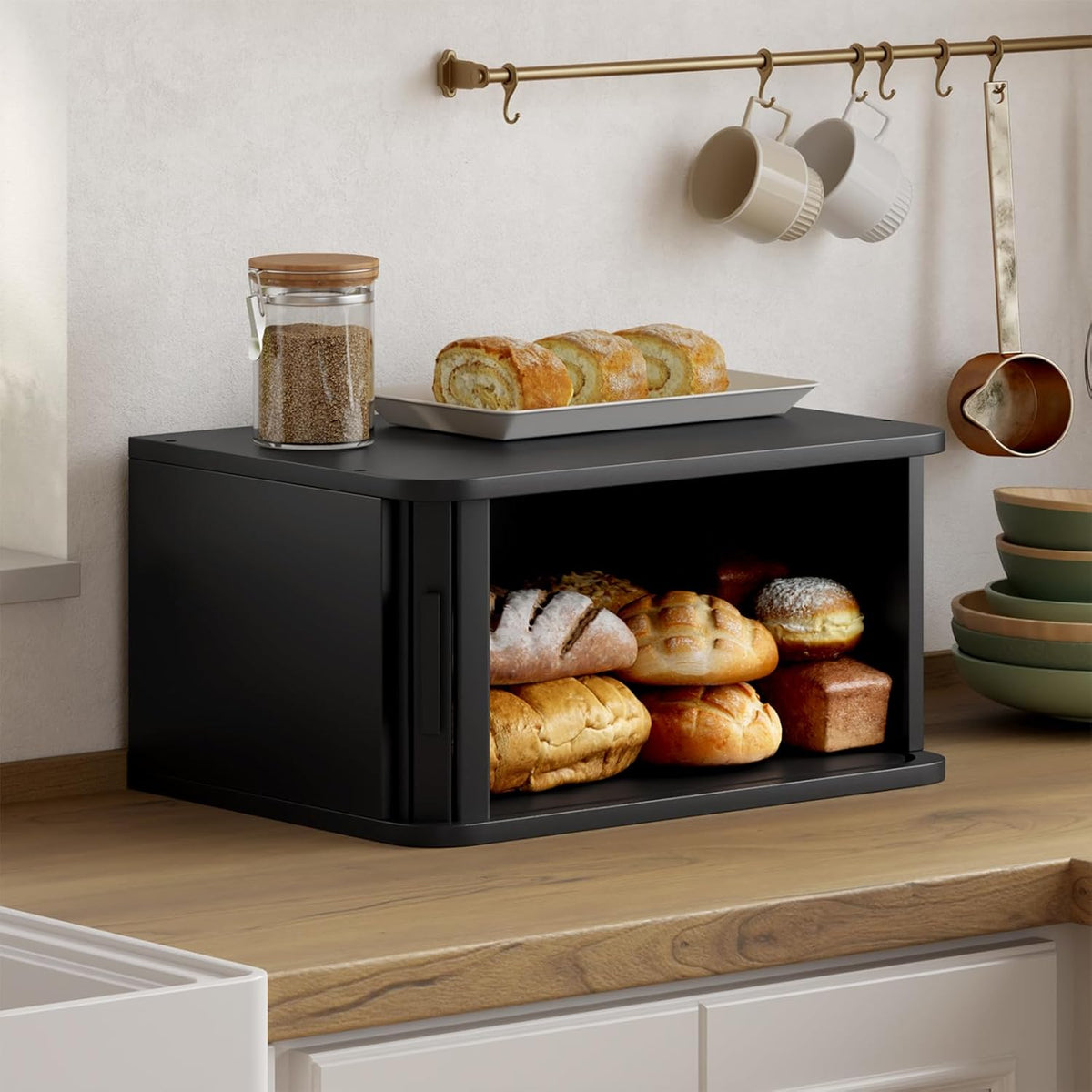 WOWLIVE Bread Box for Kitchen Countertop, Large Roll Top Bread Boxes with Sliding Door, Airtight Bread Storage Container for Loaves, Pastries & Bagels, Bamboo Counter Organizer (Natural, Medium)