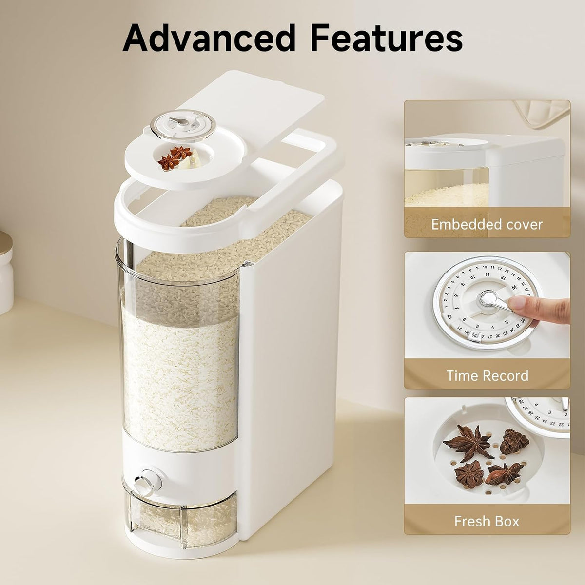 UFORU Rice Dispenser, Rice Storage Container with Measuring Cup for Kitchen Pantry Household, Cereal Dry Food Storage Containers Airtight, Sealed Moisture Proof (Brown 11 Lbs)