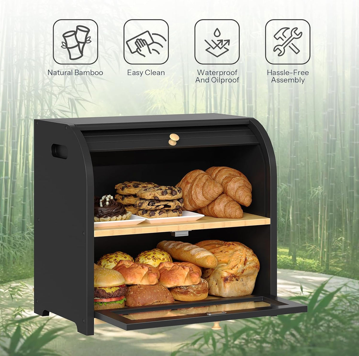 HOOBRO Bread Box, Bamboo Bread Box for Kitchen Countertop, 2 Tier Roll-Top Bread Bin, Food Storage Box, Large Capacity Keeper, Wooden Storage Cabinet, for Kitchen, Dining Room, Natural YL13MB01