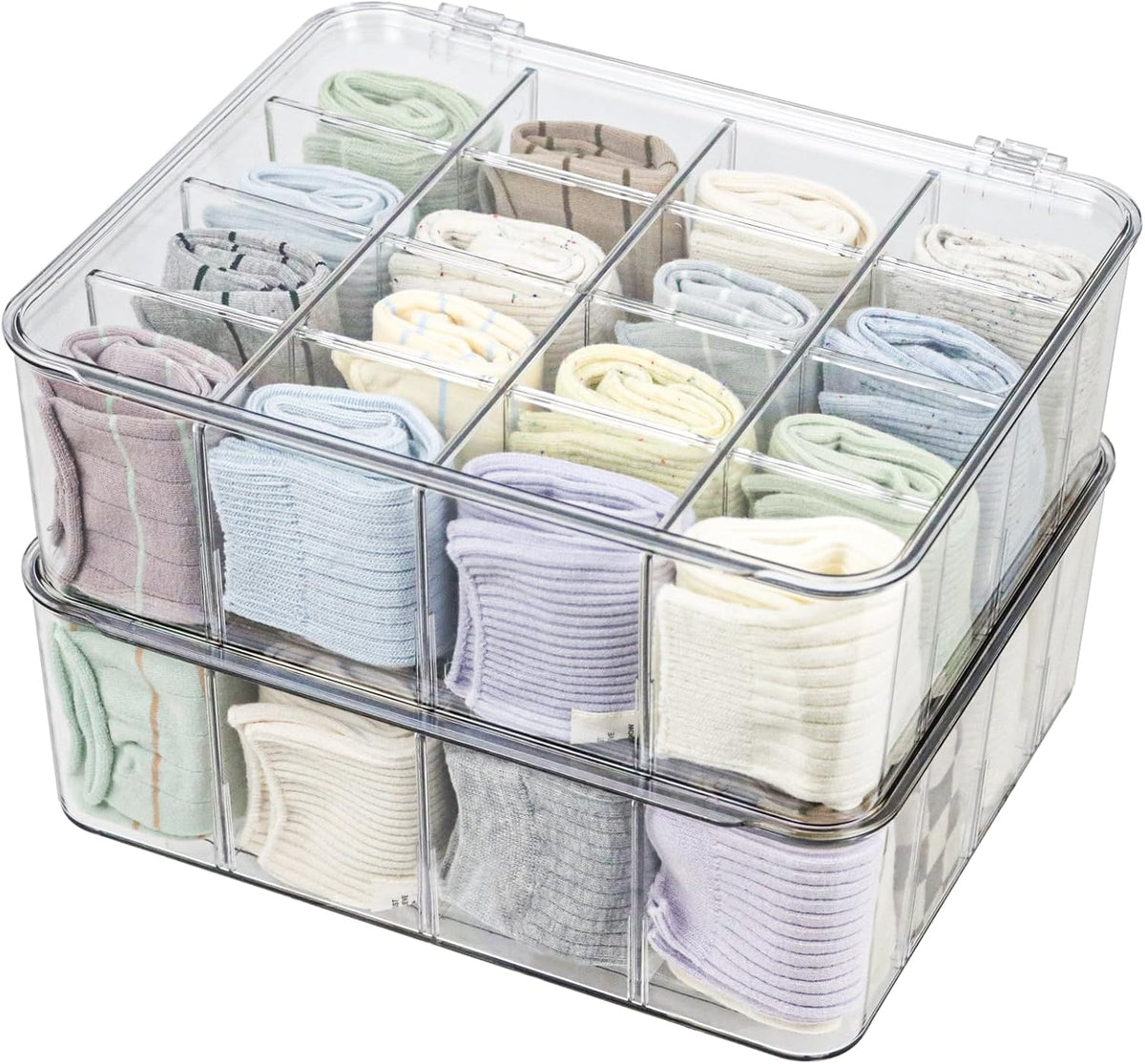 ZEXALOR Plastic Clear Storage Containers, Set of 2 Tea Bag Organizer Boxes 8 Compartments with Lids, Underwear Tie Drawer Organizer, Dresser Organizer (10.8×7×3.7")