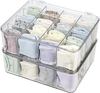 ZEXALOR Plastic Clear Storage Containers, Set of 2 Tea Bag Organizer Boxes 8 Compartments with Lids, Underwear Tie Drawer Organizer, Dresser Organizer (10.8×7×3.7")