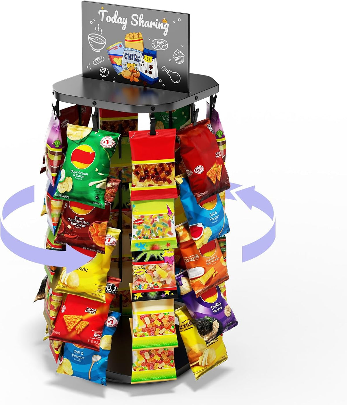 Chip Rack Display Stand with Heavy-Duty 360° Smooth-Rotating Metal Base, 5 Tiers 40 Clips Chip Bag Holder Display, Candy Stand, Snack Organizer for Countertop, Party, Store Concession Stand
