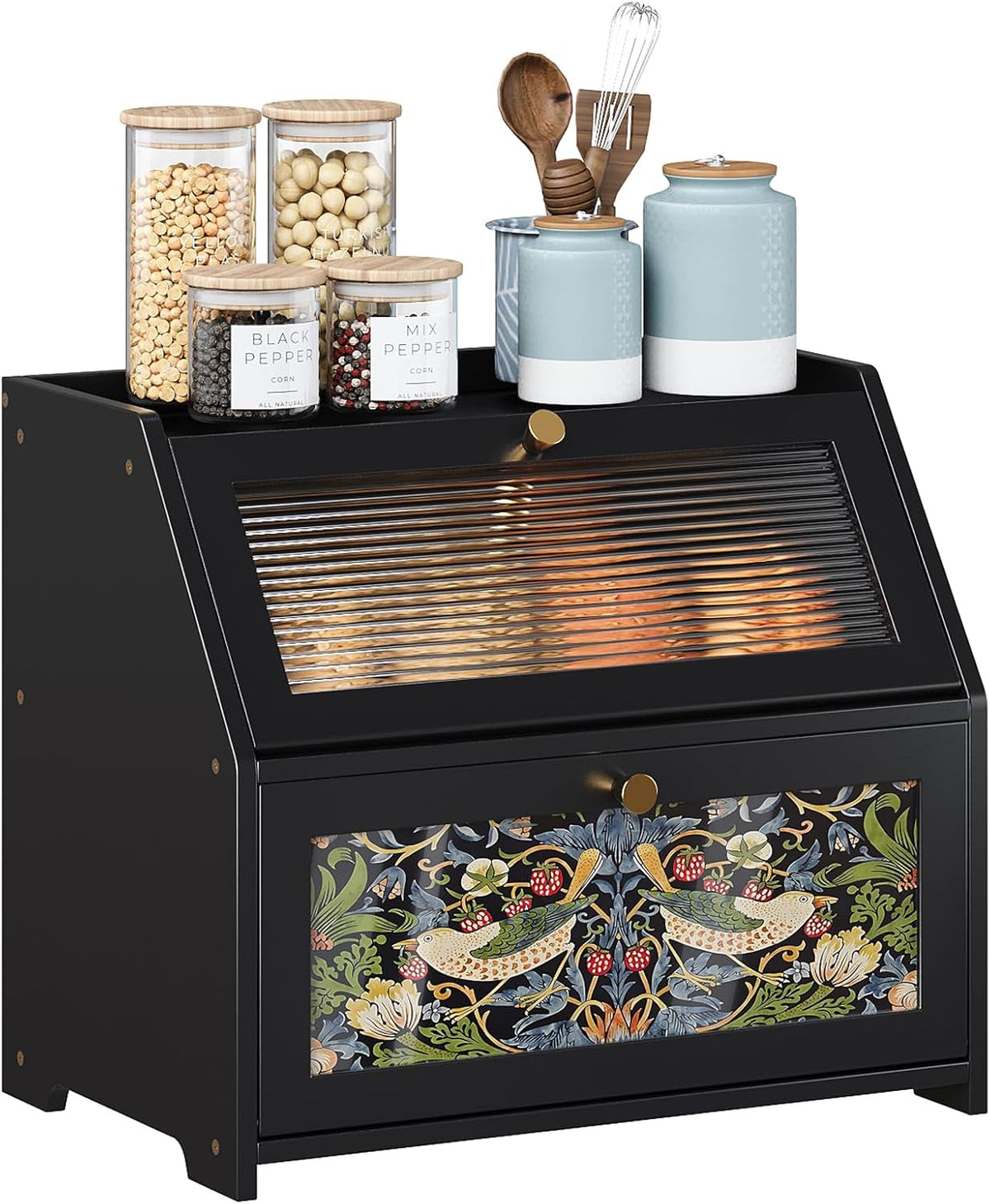 Trironsun Bread Box for Kitchen Counter Black Bread Storage Container with Acrylic Door William Morris Flower Bird Design Farmhouse Breadbox Organizer (Black)