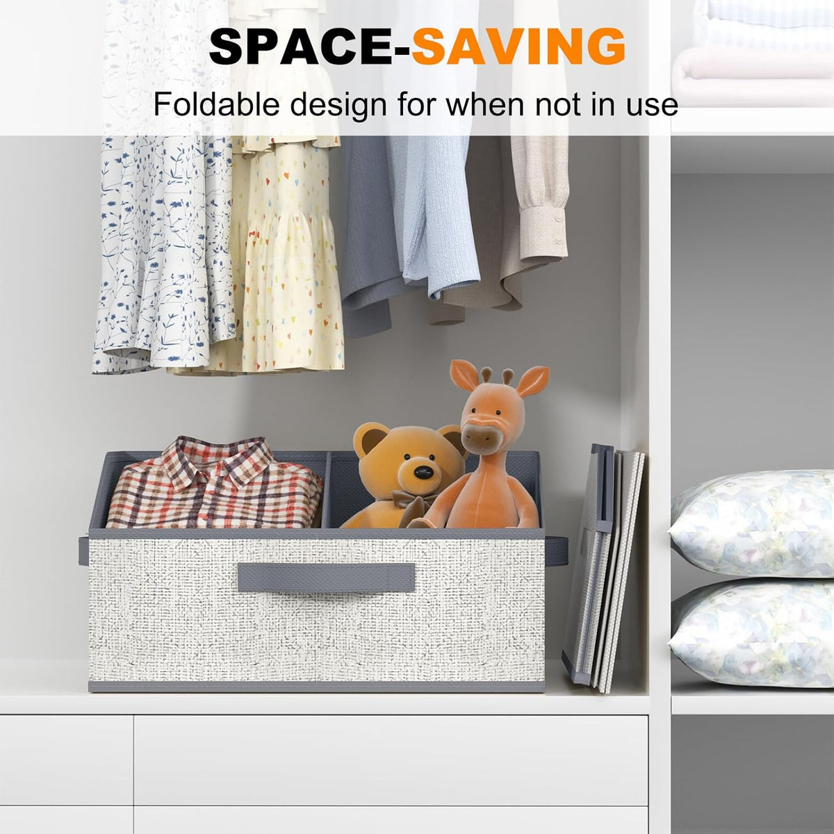 Closet Storage Bins, Large Closet Organizer Baskets with Divider & Handles,Trapezoid Fabric Shelf Organizers, Collapsible Storage Cubes for Clothes, Towels, Toys - Beige
