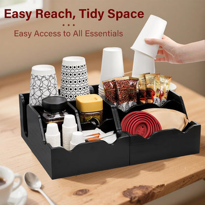 WRINGKIT Set of 2 Black Coffee Station Organizer for Countertop, Wood Cup Condiment Station with 9 Compartment, Coffee Bar Organizer Caddy Holder for Pods Syrup Stirrers Teabags Storage, Two-in-One