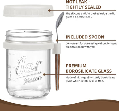 4 Pack Overnight Oats Containers with Lids and Spoons, 16 oz Glass Mason Jars with Airtight Lids, Overnight Oats Jars for Milk, Cereal, Fruit