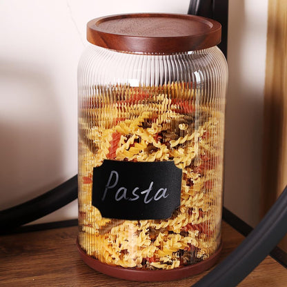 SAIOOL 2-Pack Striped Borosilicate Glass Airtight Canisters - Big mouth Large Capacity, Acacia Wood Lid, Food Storage Jars for Flour, Pasta, Pantry Organization (1/2 Gallon （Yellow Press lid 2 pack）)