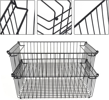 Set of 2 Stackable XXL Wire Baskets For Pantry Storage and Organization -16x12in Large Metal Food Baskets -Vegetable,Fruit,Potato,Onio, Pantry Storage Bins With Handles (Black, XXL)
