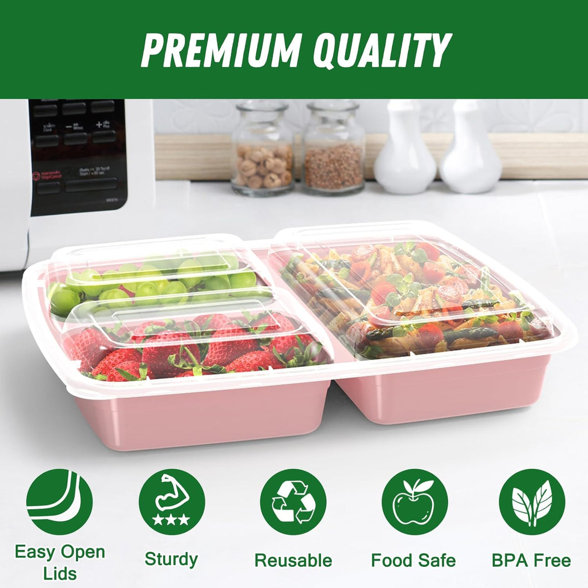 50 Pack (100-Piece) 32 oz Meal Prep Containers Reusable with Lids 3-Compartment, To Go Take Out Plastic Food Storage Containers, Sturdy Leakproof Food Safe, Microwave Freezer Dishwasher Safe, Black