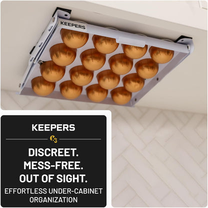 COFFEEKEEPERS KEEPERS Under Cabinet K Cup Holder with Swing-Down Access – Space-Saving Coffee Pod Holder and K Cup Organizer for 24 Pods – Steel Coffee Pod Organizer with Easy DIY Installation
