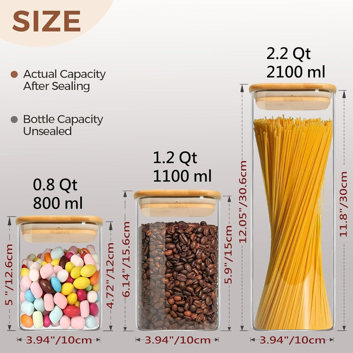 2.2 Qt Square Glass Storage Containers with Lids, Clear Food Storage Container Jar with Sealing Bamboo Lid Storage Containers for Pasta, Oats, Coffee, Flour, Sugar (Square -3Pack)