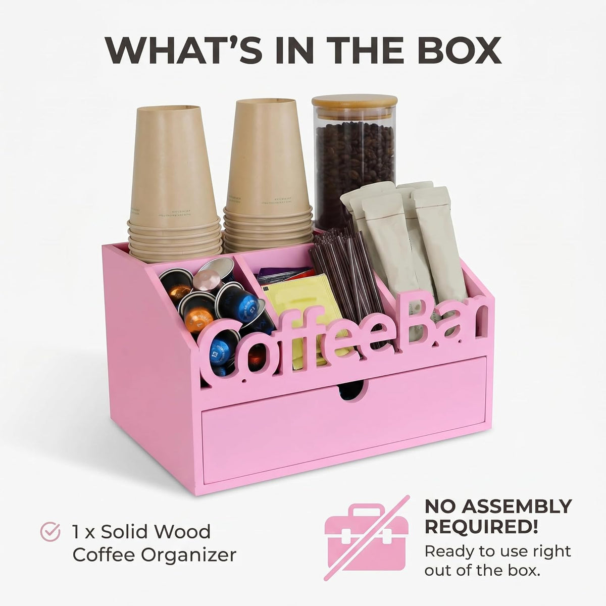 Coffee Bar Organizer for Countertop – Wooden Coffee Caddy with Compartments for Pods, Sugar Packets, and Accessories – Coffee Condiment Station Storage for Home and Office (Black)
