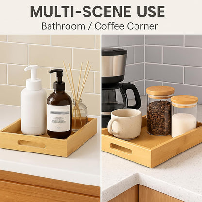 Tray for Oil Bottles Kitchen Counter – Bamboo Organizer with Handles, Waterproof Coating & Non-Slip Feet, 13×8 Inch Condiment Holder for Spices, Sauces & Seasoning Jars