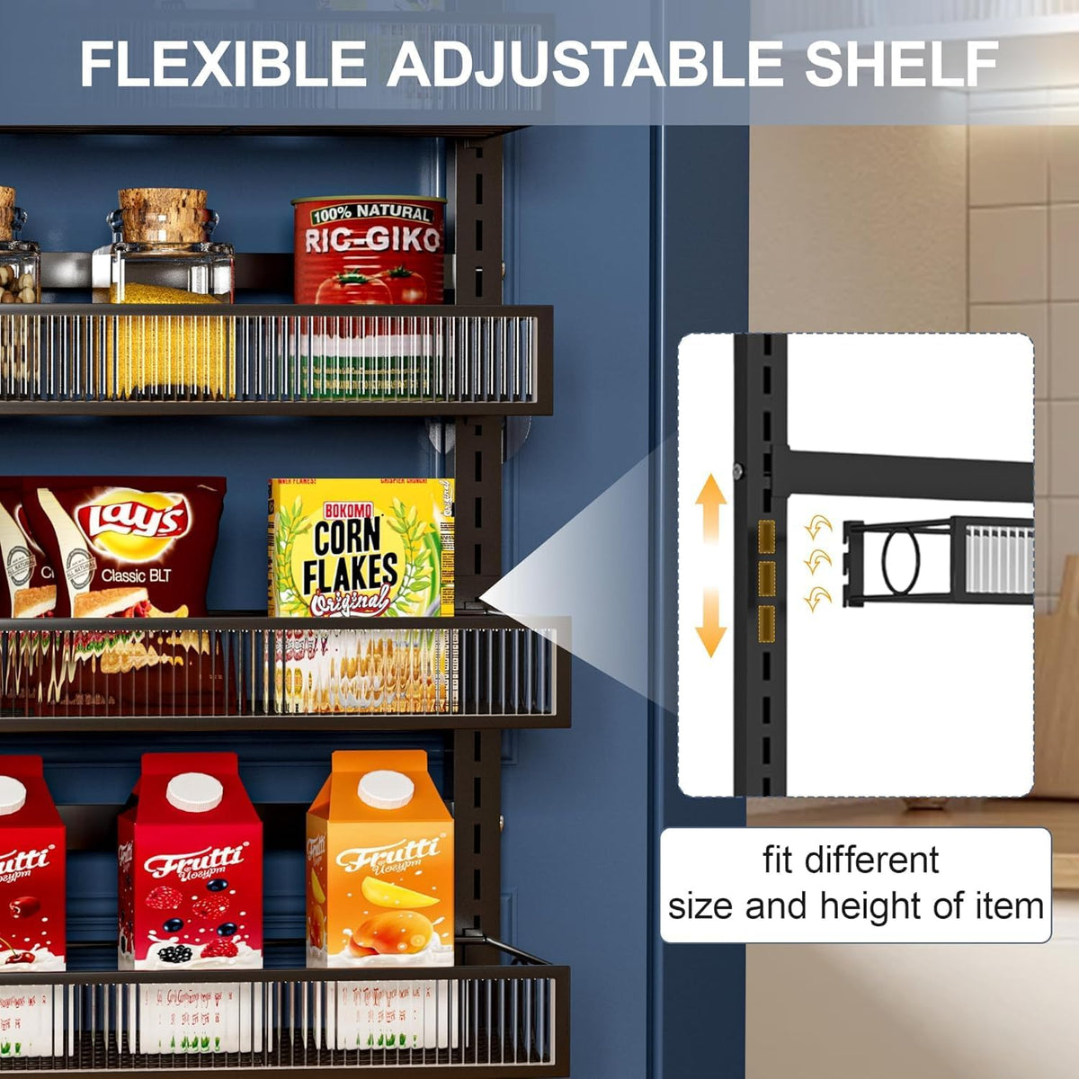 Over the Door Pantry Organizer 8 Tier Hanging Door or Wall Mounted Spice Rack with Adjustable Acylic Basket,Heavy Duty Metal Seasoning Storage Shelf for Kitchen Pantry and Bathroom