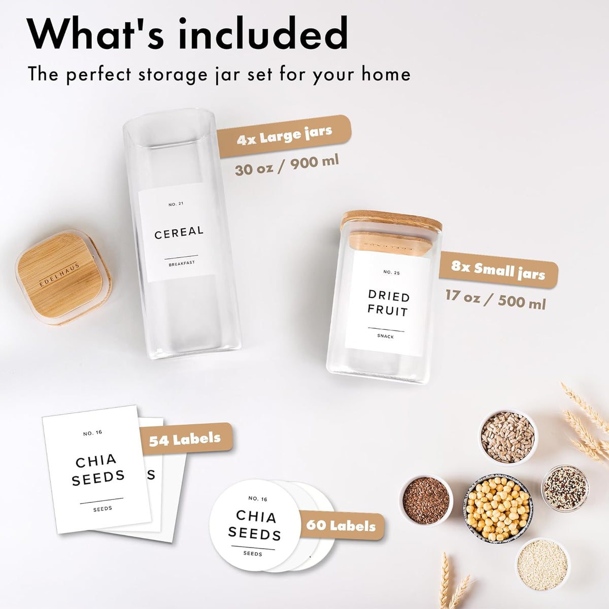 EDELHAUS Square Glass Storage Containers with Bamboo Lids 12-Pack (4x 30 oz, 8x 17 oz) Airtight Glass Storage Jars with Lids for Food, Stackable Glass Kitchen Canisters with 114 Labels for Pantry