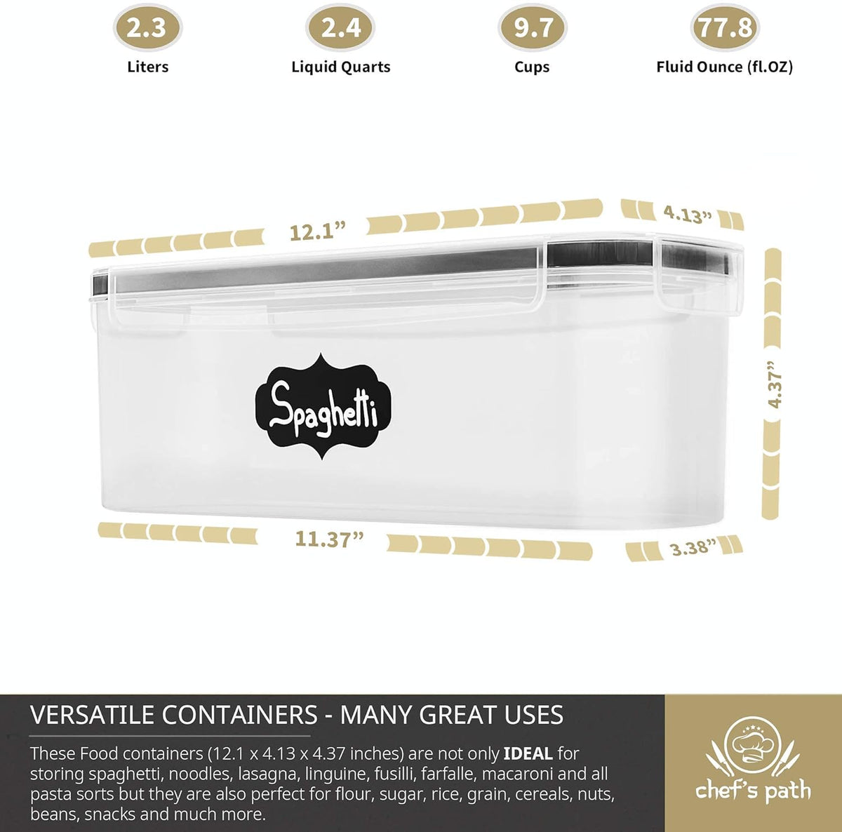 Chef's Path Airtight Food Storage Containers with Lids (Set of 4/3.6 Liters Each), Plastic Spaghetti Container for Pasta & Dry Food Storage, BPA Free Pantry Organizer Set with Kitchen Accessories
