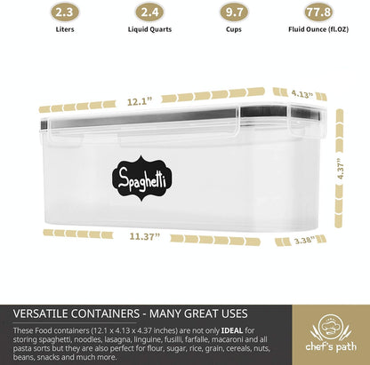 Chef's Path Airtight Food Storage Containers with Lids (Set of 4/3.6 Liters Each), Plastic Spaghetti Container for Pasta & Dry Food Storage, BPA Free Pantry Organizer Set with Kitchen Accessories