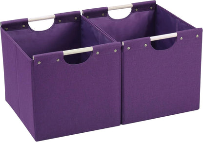 HOONEX Large Collapsible Storage Bins, Linen Fabric, Pack of 2, Storage Baskets with Wooden Carry Handles and Sturdy Heavy Cardboard, for Home, Office, Car, Nursery, Black
