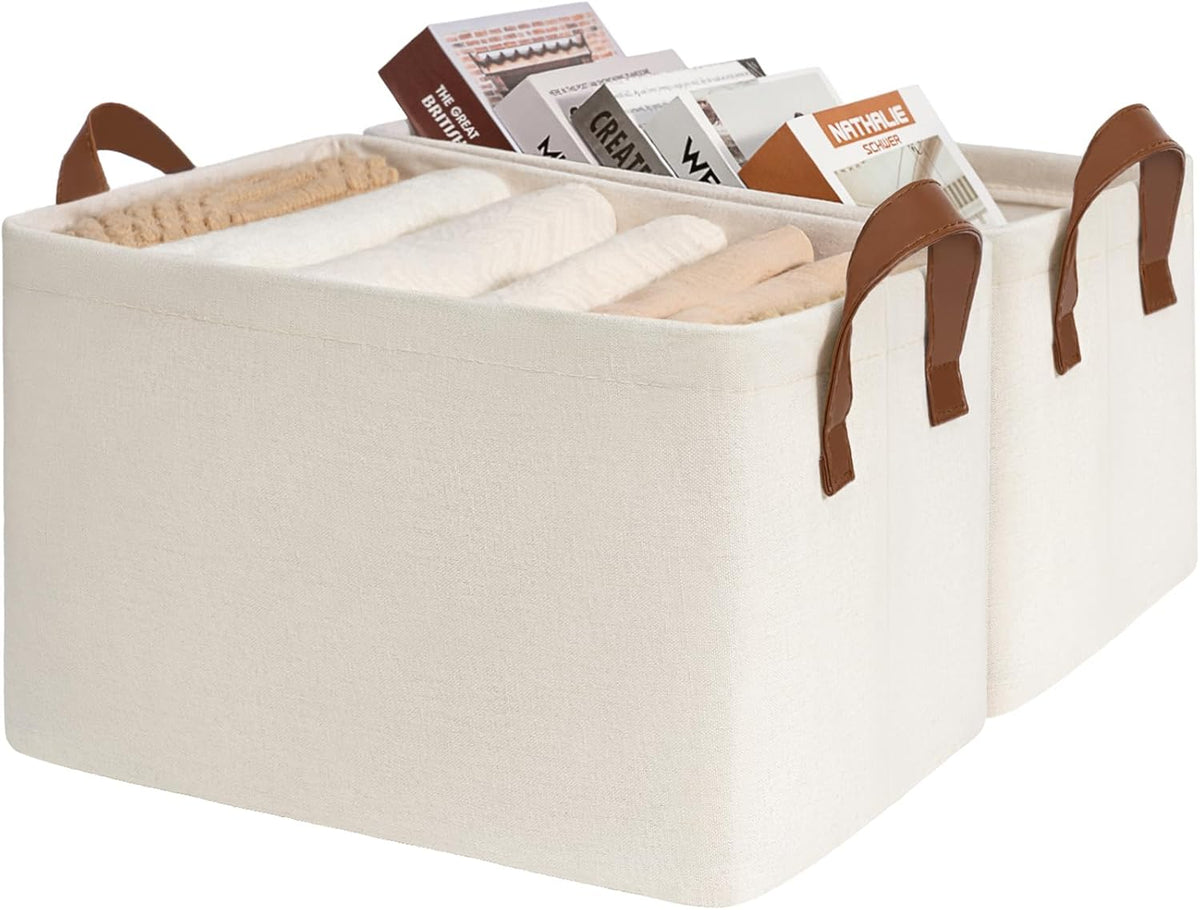 CHICVITA Large Storage Baskets for Shelves, Fabric Storage Bins with Metal Frame, Closet Organizers and Storage Boxes for Clothes Toy, Beige