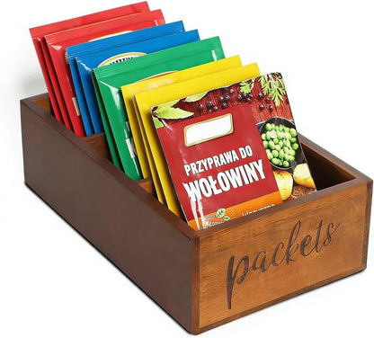 LBEMEY Packet Organizer, Acacia Wood Packet Storage Organizer with 3 Compartments,Farmhouse Kitchen Organization for Spice, Gravy, Taco, and Dressings Packets for Kitchen, Brown Labeled Packets