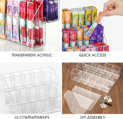 AIEVE Drink Packet Organizer with 15 Compartments, Water Packet Organizer for Water Flavor Drink Mix, Easy Assembly Acrylic Sugar Packets Holder for Cabinet Kitchen Storage Organization