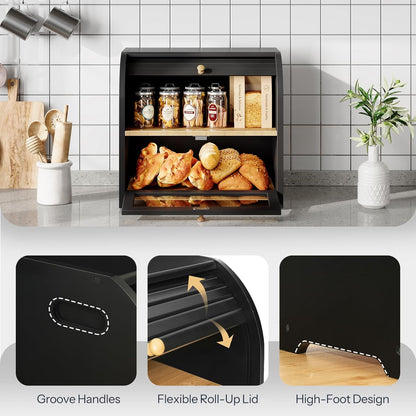 HOOBRO Bread Box, Bamboo Bread Box for Kitchen Countertop, 2 Tier Roll-Top Bread Bin, Food Storage Box, Large Capacity Keeper, Wooden Storage Cabinet, for Kitchen, Dining Room, Natural YL13MB01