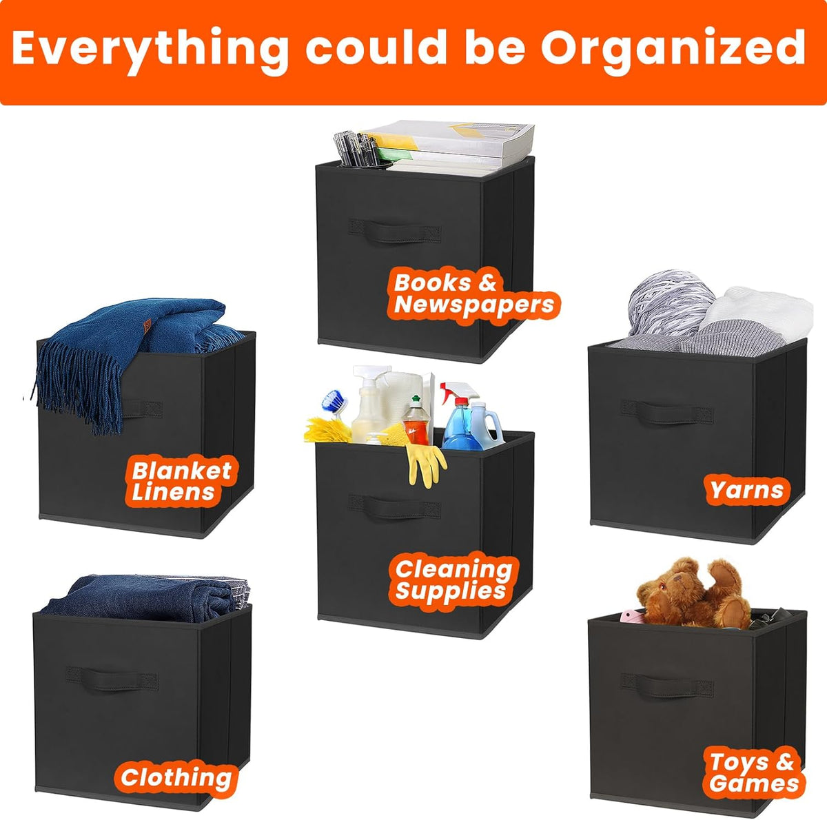 Criusia Large Storage Cubes, 13x13 Cube Storage Bins (Set of 10), Fabric Collapsible Storage Bins with Dual Handles, Foldable Cube Baskets for Shelf, Closet Organizers and Storage Box (Grey)