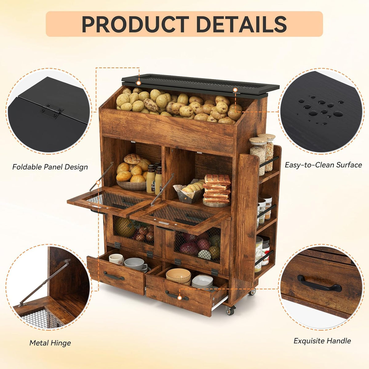 Verano Garden Potato and Onion Storage Bin on Wheels, Wood Bread Box with Lid & Mesh Doors, 4-Tier Rolling Fruit and Vegetable Storage Organizer w/Drawer & Side Rack for Kitchen (Rustic Brown, 16.0")