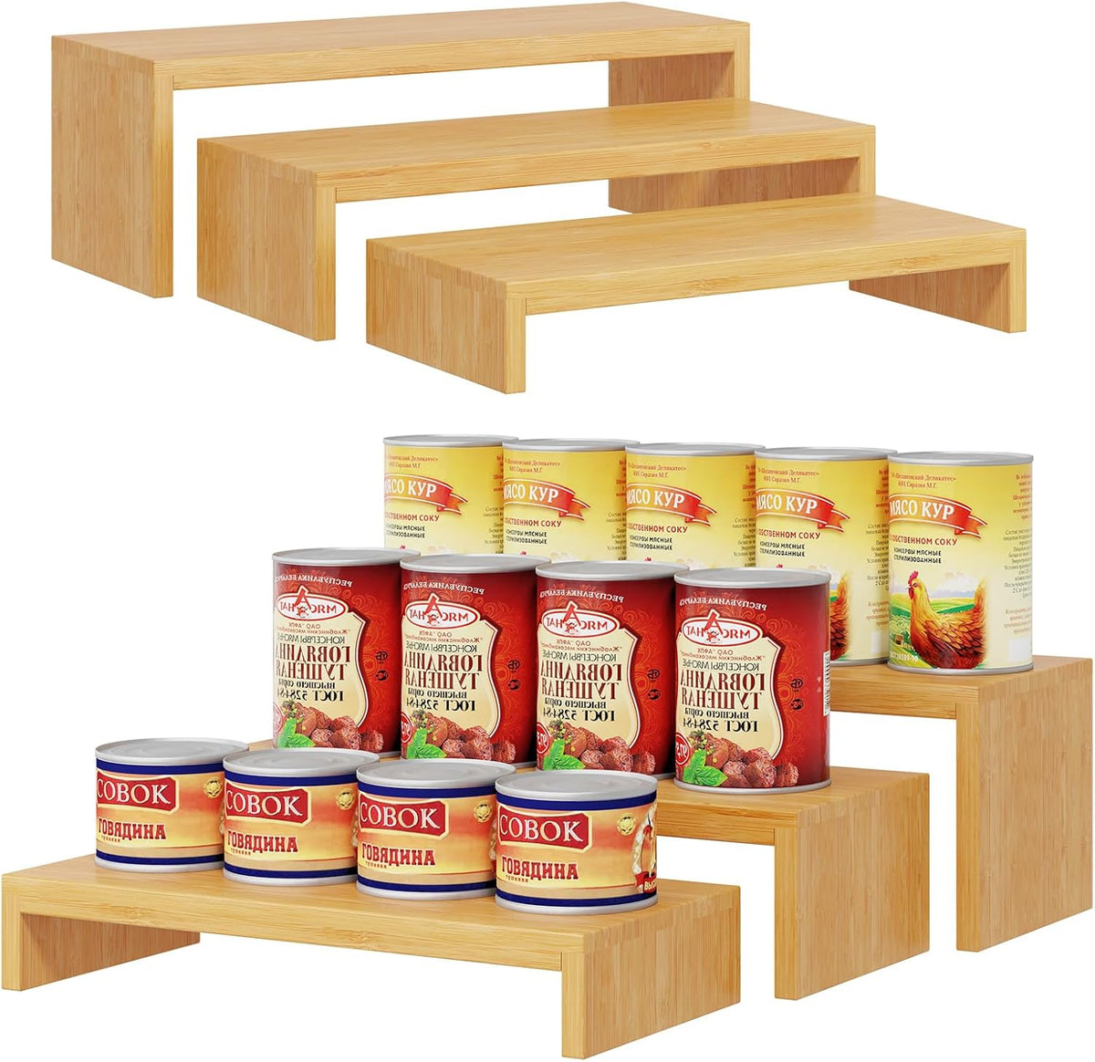2 Sets Bamboo Can Organizer for Pantry, 3-Tier 6-Piece Adjustable Cabinet Can Display Rack, Soda Can Organizer Holds Up to 31 Cans, Canned Goods Storage Holder for Pantry, Cabinet, Countertop