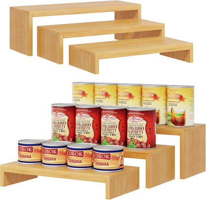 2 Sets Bamboo Can Organizer for Pantry, 3-Tier 6-Piece Adjustable Cabinet Can Display Rack, Soda Can Organizer Holds Up to 31 Cans, Canned Goods Storage Holder for Pantry, Cabinet, Countertop