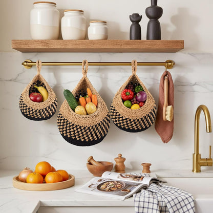Honeydak Boho Decor Hanging Wall Baskets for Kitchen 3 Pack Teardrop Baskets with Hooks Storage Fruit Onion Vegetable Potato for Home 3 Sizes(Linen,Teardrop,Jute)