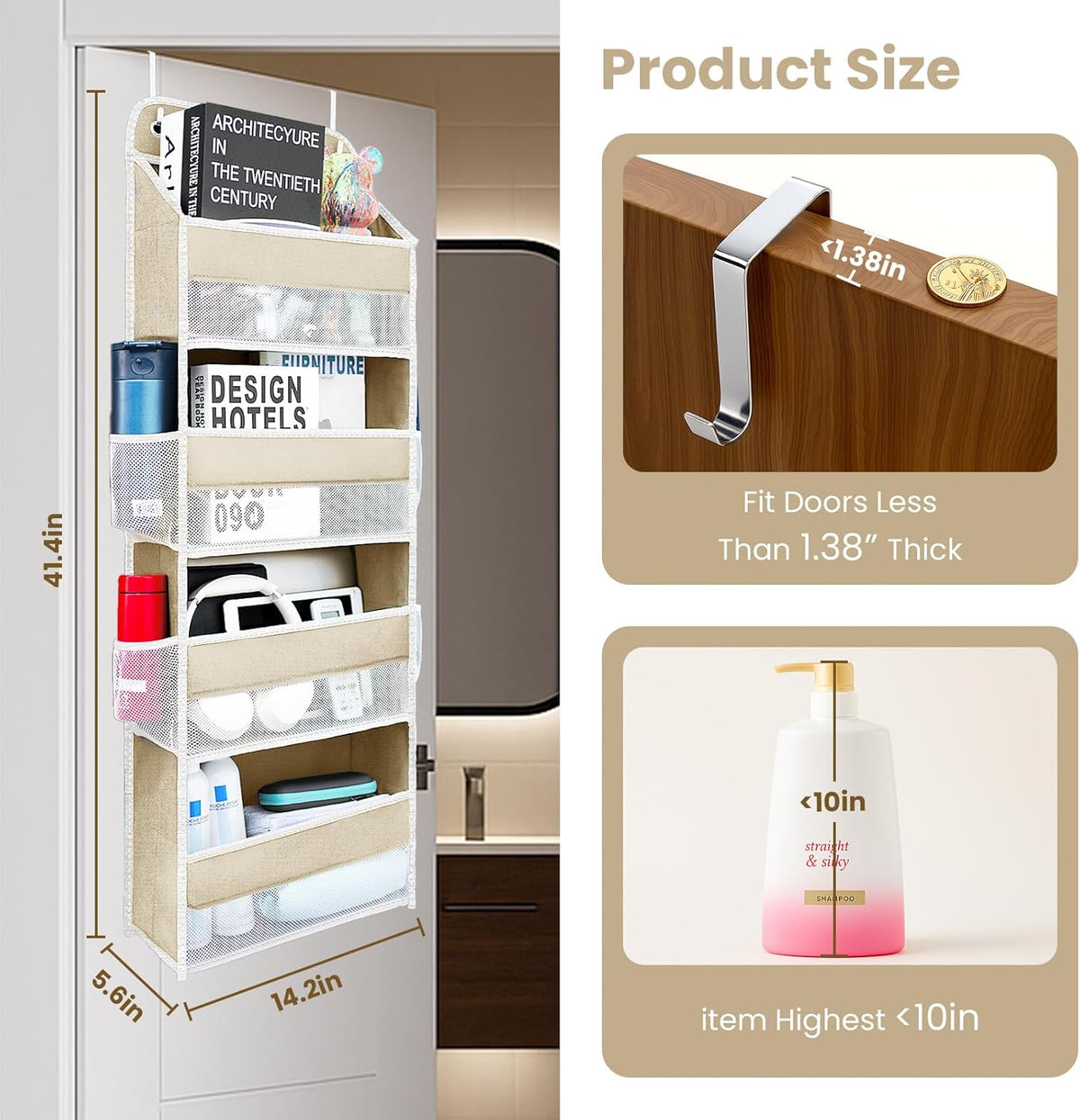 Over The Door Organizer with LifetimeWarranty, 4 Shelves & 4 Side Pockets, Large Storage Rack Holds 44lb, Heavy-Duty Reinforced Mesh Shelf for Bathroom, Closet, Toy Organization, Shoes, Towels, Grey