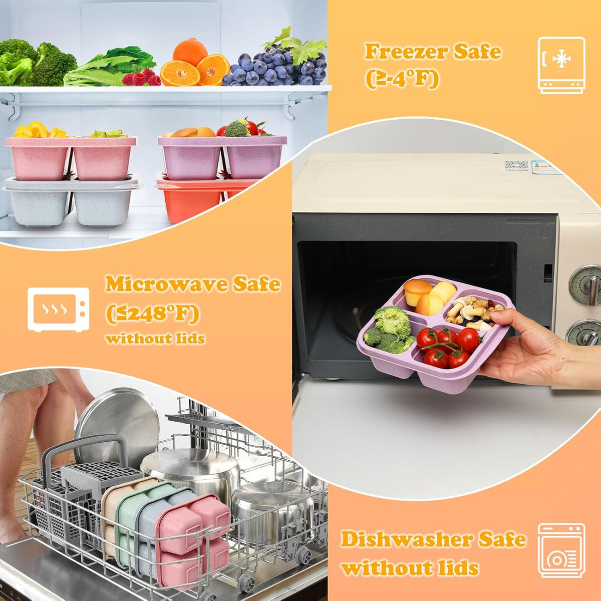 Snack Containers, 4 Compartment Snack Box Containers Bento Box, Reusable Meal Prep Lunch Containers for Adults Kids Toddler, Divided Food Containers for Travel Work School