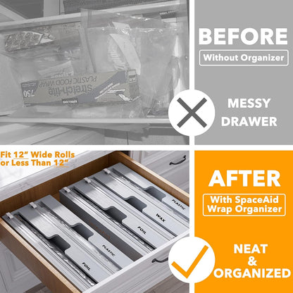 SpaceAid WrapNeat 2 in 1 Wrap Organizer with Cutter and Labels, Plastic Wrap, Aluminum Foil and Wax Bamboo Dispenser for Kitchen Storage Organization Holder for 12" Roll (Natural)