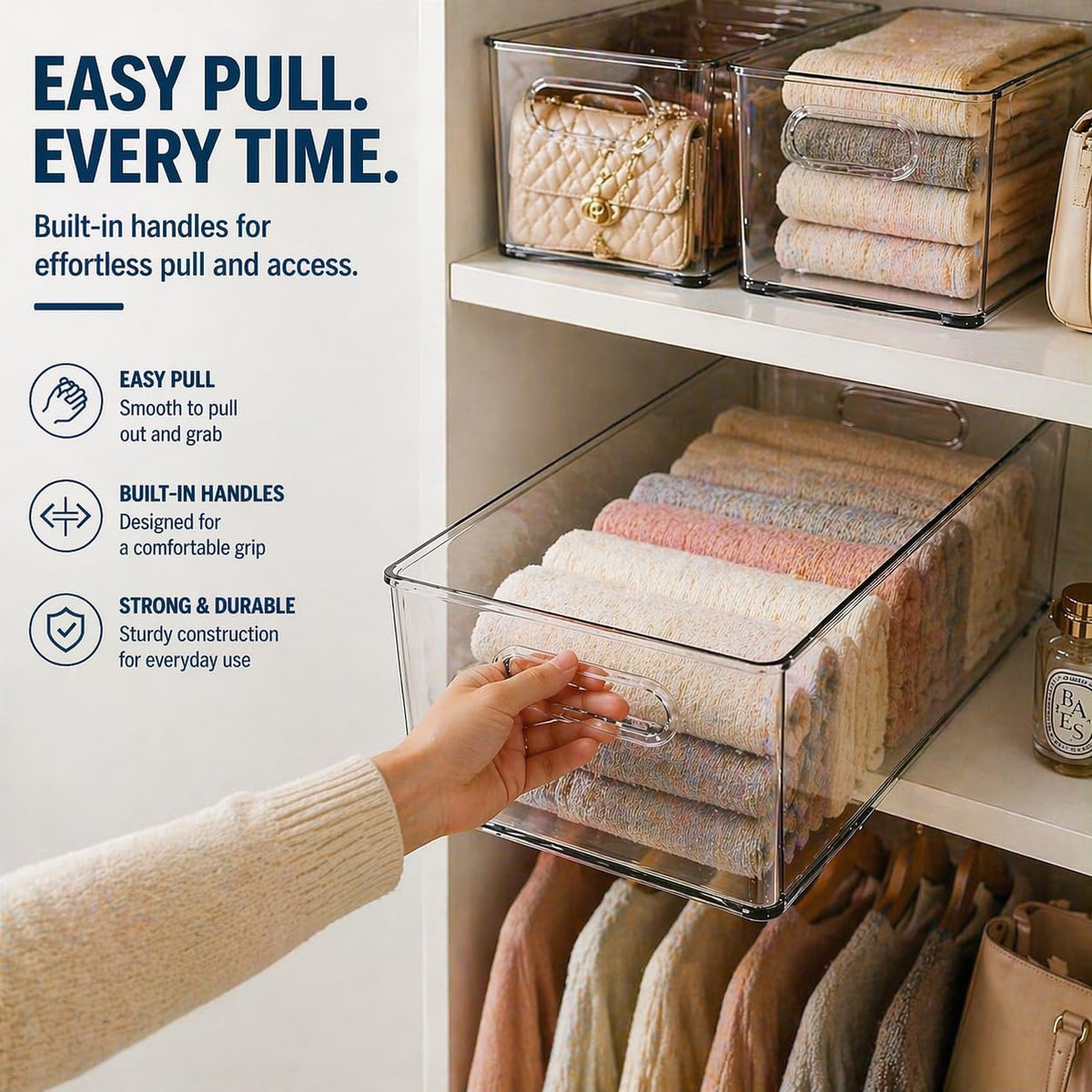 MOONEDGE Set of 4 Clear Plastic Organizer Bins, 2 Large & 2 Small Storage Bins for Pantry, Nestable Space-Saving Containers for Cabinets, Under-Sink, Bathroom, Kitchen & Freezer Organization