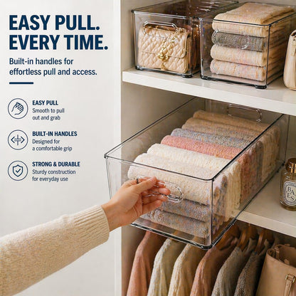 MOONEDGE Set of 4 Clear Plastic Organizer Bins, 2 Large & 2 Small Storage Bins for Pantry, Nestable Space-Saving Containers for Cabinets, Under-Sink, Bathroom, Kitchen & Freezer Organization