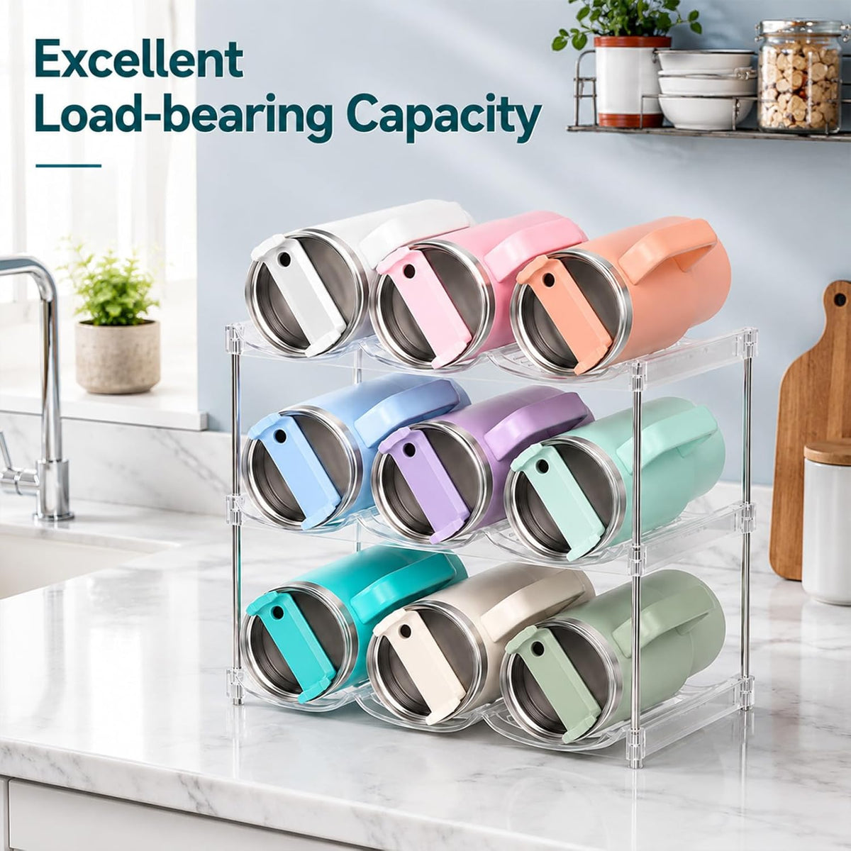 Stackable Water Bottle Organizer for Stanley 40 oz Tumbler, Large Compartment Water Bottle Holder for Cabinet, Clear Tumbler Organizer for Kitchen Countertop Pantry, 3 Pack